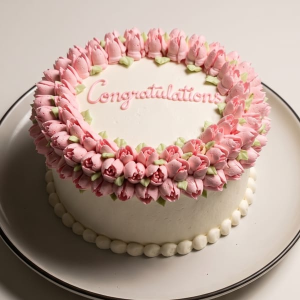 White cake with pink tulip frosting and "Congratulations" written in pink icing on a white plate.
