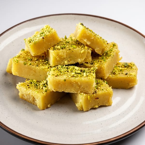A pile of yellow barfi squares, topped with chopped pistachios, on a speckled white plate.