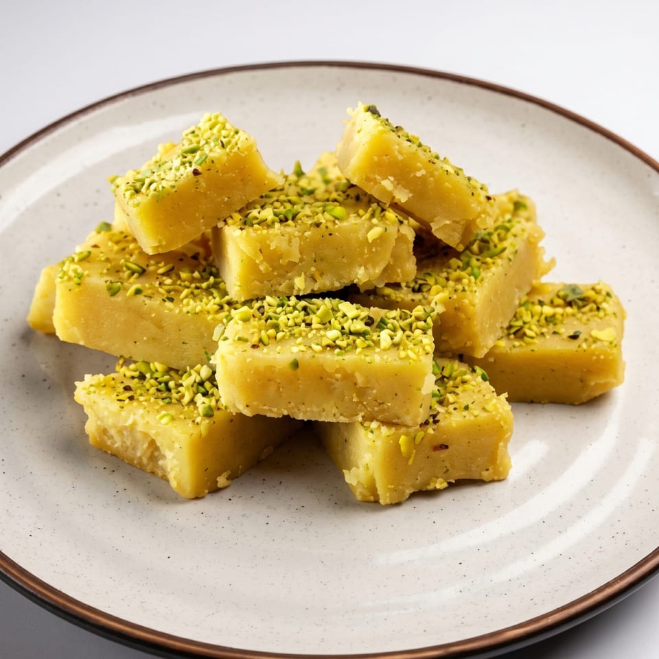 A pile of yellow barfi squares, topped with chopped pistachios, on a speckled white plate.