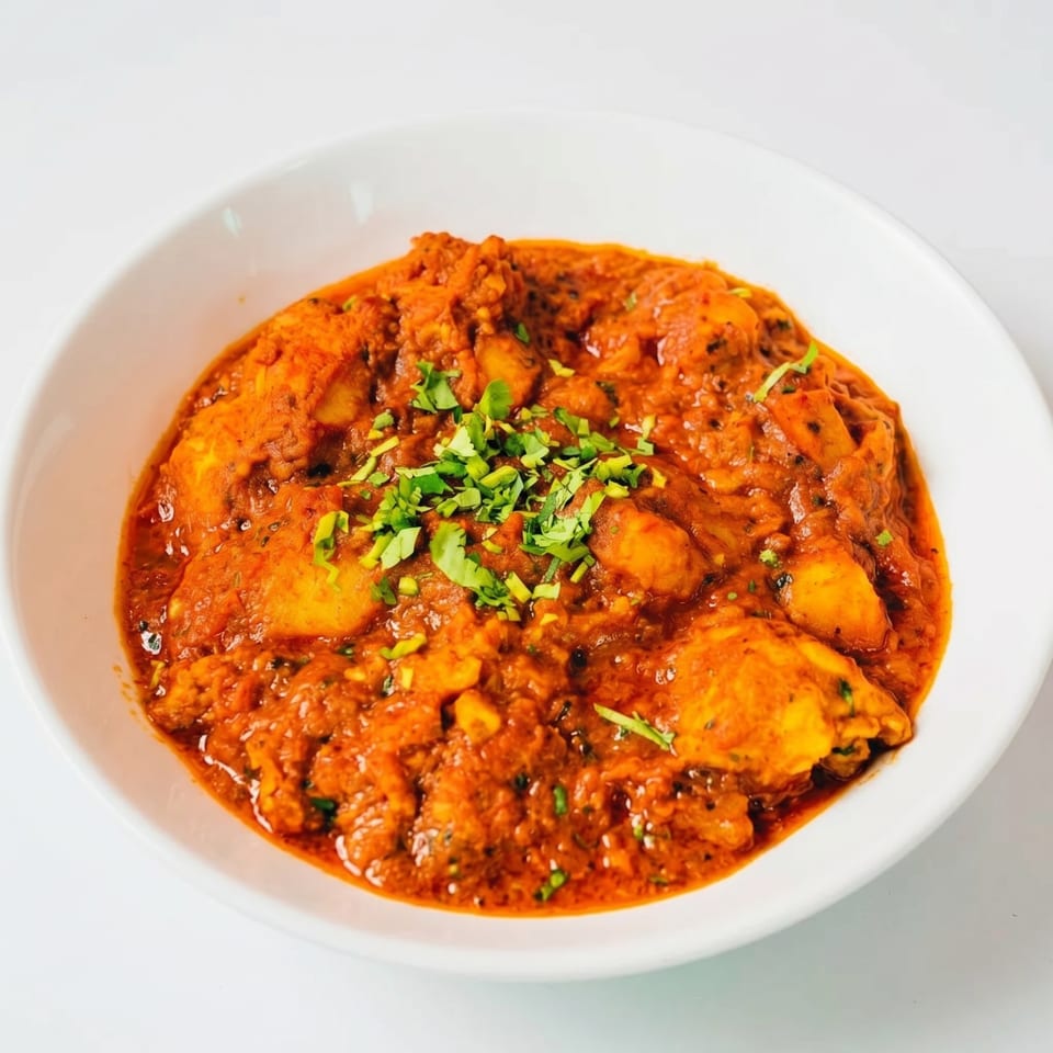 A white bowl filled with a rich, orange-red curry, garnished with fresh green herbs.