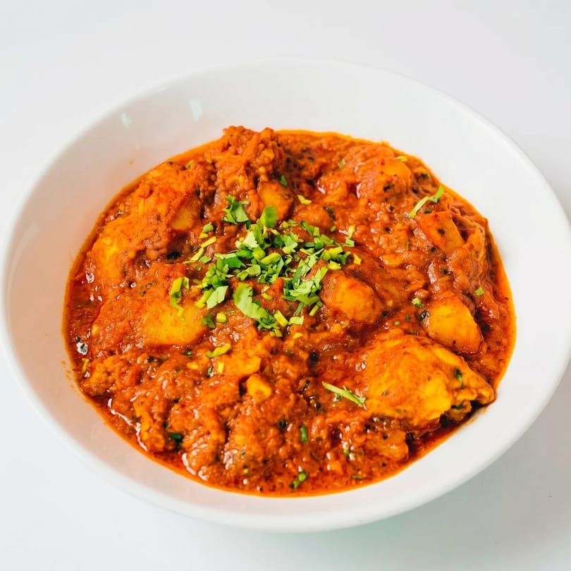 A white bowl filled with a rich, orange-red curry, garnished with fresh green herbs.