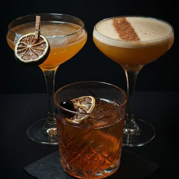 Three cocktails on a dark surface: two in stemmed glasses, one in a rocks glass with dried citrus.