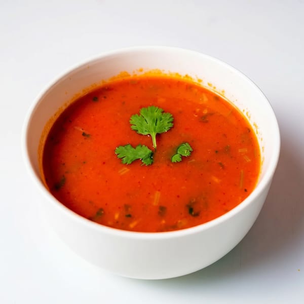 A white bowl filled with vibrant red tomato soup, garnished with fresh green cilantro leaves.