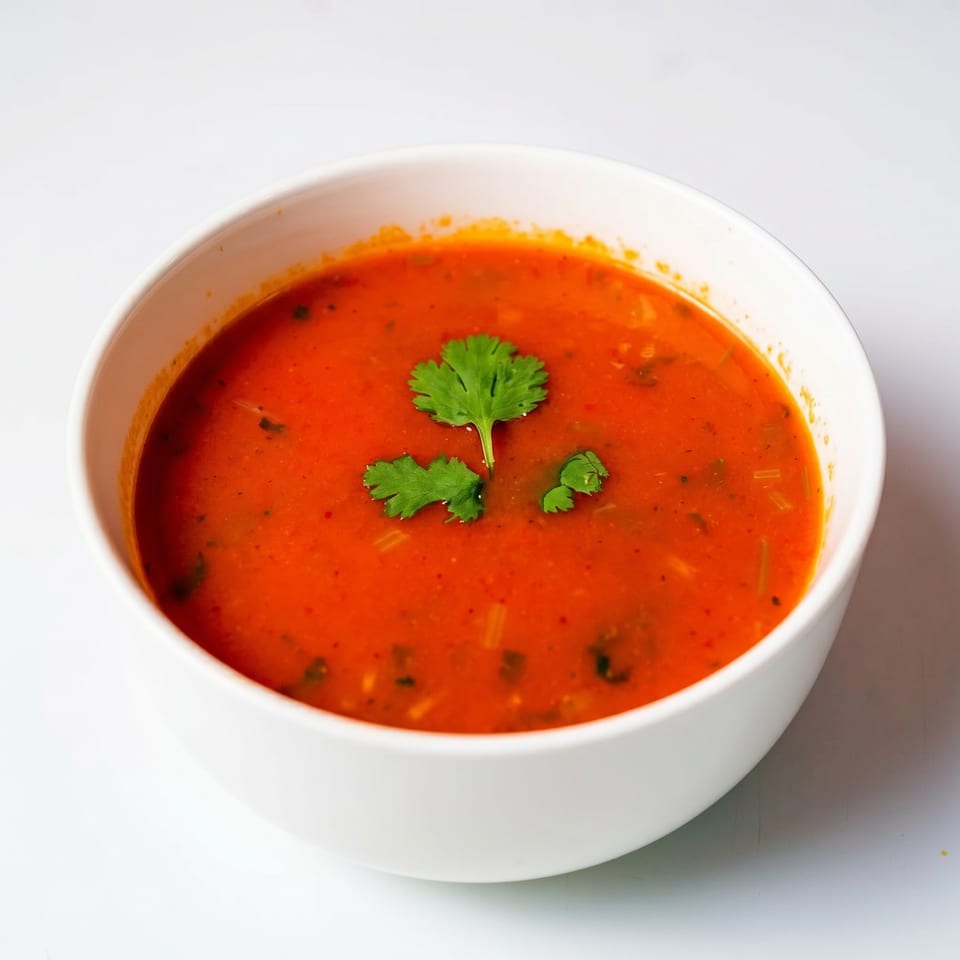 A white bowl filled with vibrant red tomato soup, garnished with fresh green cilantro leaves.