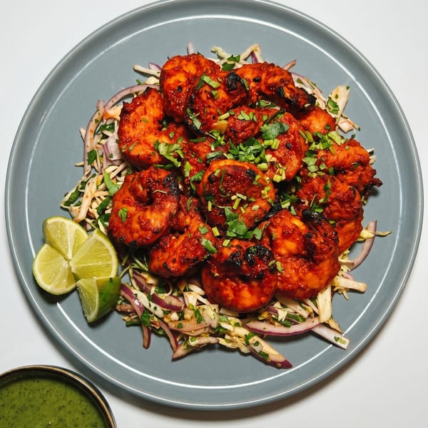 Grilled tandoori shrimp with fresh cilantro, lime wedges, and a side of green chutney.