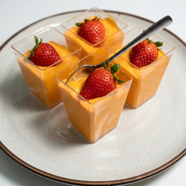 Four individual orange desserts in clear cups, each topped with a fresh strawberry, on a white plate.