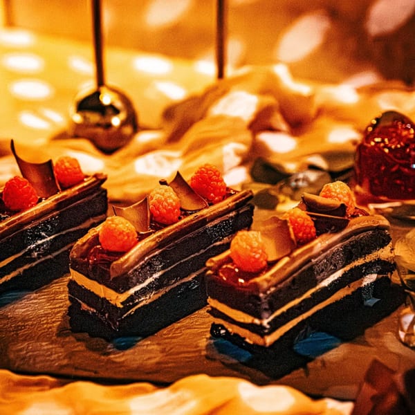 Three chocolate layered cakes with raspberries and chocolate curls on a dark surface.