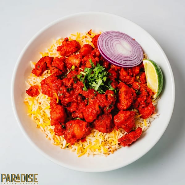 Paradise Indian Cuisine's Chicken 65 Biryani, with red chicken pieces, rice, onion, and lime.