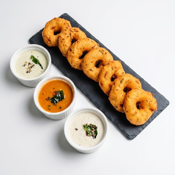 Golden-brown Medu Vada on a black slate, served with three bowls of colorful chutneys.