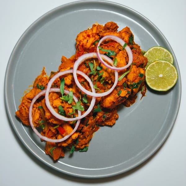 Spicy chicken curry with red onion rings, cilantro, and lime slices on a gray plate.